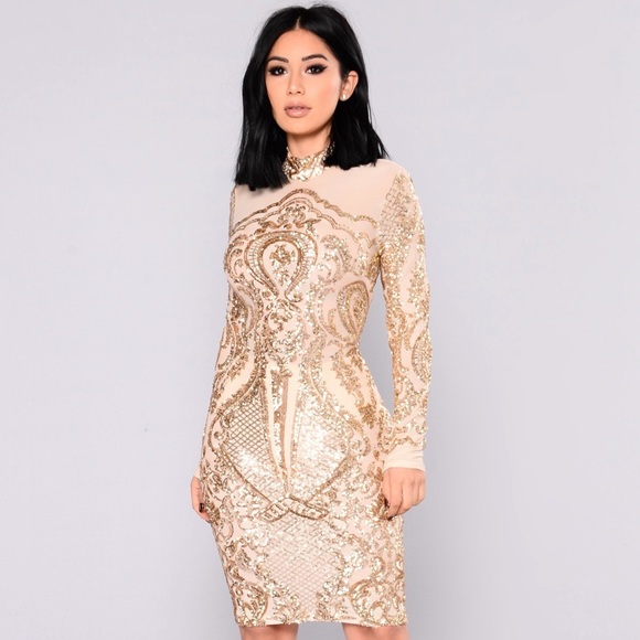 Cream And Gold Sequin Cocktail Dress 